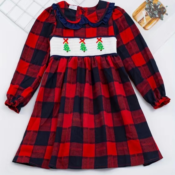 Sweet smocked red and black plaid Christmas tree dress - Picture 4 of 8